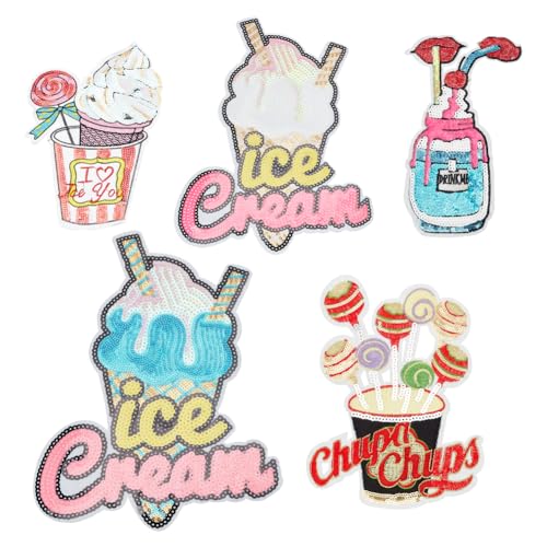 INFUNLY 5 Stück Pailletten-Applikation Mit Sommergetränk, Bestickt, Zum Aufbügeln, 5 Stile, Eiscreme, Glänzende Pailletten, Flicken, Verzierungen, Pommes-Pailletten-Applikation Für T-Shirts, Kleidung, von INFUNLY