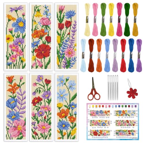 INFUNLY 6 PCS Wildblumen Kreuzstich Lesezeichen Set Zum Selbermachen Für Anfänger Bunte Blumen Kreuzstich Set Mit Anleitung Floral Gestempeltes Stick Lesezeichen Sets Für Buchliebhaber Leser Geschenk von INFUNLY