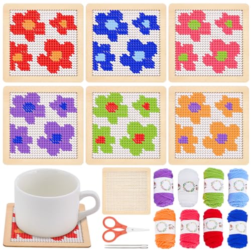 INFUNLY 6 Stück DIY Blumenuntersetzer Kreuzstichset Für Anfänger 3.94" × 3.94" Blumenuntersetzer Nadelspitzenset Mit Anleitung Nadelspitzen Stickset Vorgedrucktes Muster Für Stick Amateure von INFUNLY