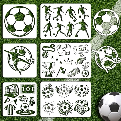 INFUNLY 6 Stück Fußball-Malschablonen für Wand, wiederverwendbare Wandschablonen, Fußball-Action-Wände, Vorlage zum Malen, 20 x 20 cm, 21 x 29 cm, Trophäen-Vorlagen für Handwerk, Zement, Holz, Möbel von INFUNLY