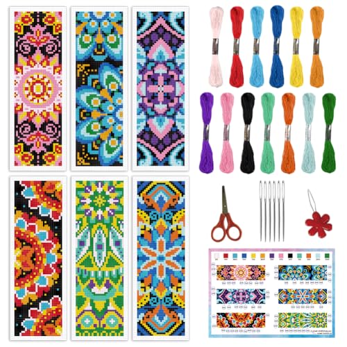 INFUNLY 6 Stück Mandala Blumen Kreuzstich Lesezeichen Set Zum Selbermachen Für Anfänger Kunst Blumen-Kreuzstich-Set Mit Anleitung Buntes Blumen Stickerei Lesezeichen-Sets Für Buchliebhaber Geschenk von INFUNLY