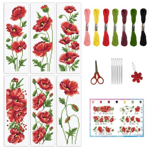INFUNLY 6 Stück Rote Blume DIY Kreuzstich Lesezeichen Set Für Anfänger Mohn Kreuzstich Set Mit Anleitung Floral Gestempeltes Stick Lesezeichen Sets Für Buchliebhaber Leser Schriftsteller Geschenk von INFUNLY