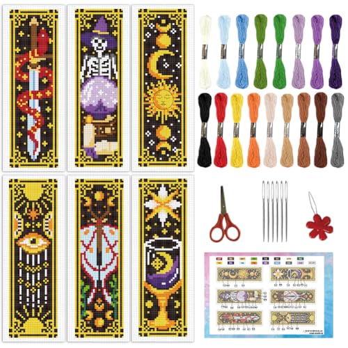 INFUNLY 6 Stück Sonne und Mond Astrologie Kreuzstich Lesezeichen Sets für Anfänger Evil Eye DIY Kreuzstich Set mit Anleitung DIY Lesezeichen Sets Wahrsage Stempel Lesezeichen Set für Buchliebhaber von INFUNLY