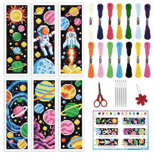 INFUNLY 6 Stück Weltraum Kreuzstich Lesezeichen Set Zum Selbermachen Für Anfänger Planeten Kreuzstich Set Mit Anleitung Vorgedrucktes Raketen Stickerei Lesezeichen-Sets Für Buchliebhaber Geschenk von INFUNLY