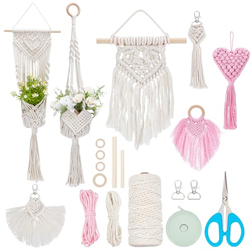 INFUNLY 7 Satz Diy Makramee Kit Zum Erwachsene Anfänger Herz Makramee Mauer Hängend Boho Makramee Armband Schlüsselbund Kit Makramee Anlage Hängend Kit Mit Quaste Anweisung von INFUNLY