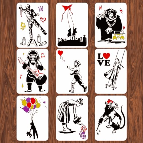 INFUNLY 9 Stück Banksy Schablonen Set zum Zeichnen und Malen Wiederverwendbare Banksy Street Draffiti Schablone zum Malen Banksy Style Pattern Art Stencil zum Malen auf Wandfliesen von INFUNLY
