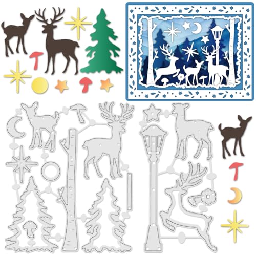 INFUNLY Baum- und Elch-Stanzformen für Kartenherstellung, Weihnachtsbaum, Hintergrund, Stanzformen, Weihnachten, Metall, Wald, Elch, Prägeschablonen für Scrapbooking, Album, Papierkarten, Dekoration von INFUNLY