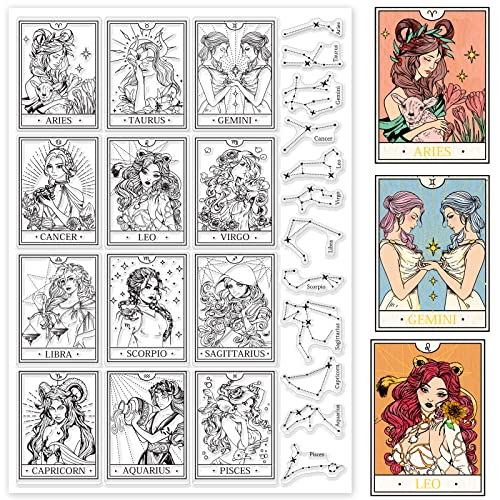 INFUNLY Constellations Clear Stamps 12 Göttinnen Silikon Stempel Widder Löwe Gummistempel Transparent Clear Stamp für Kartenherstellung für DIY Tagebuch Scrapbooking Prägung Fotoalbum Deko von INFUNLY