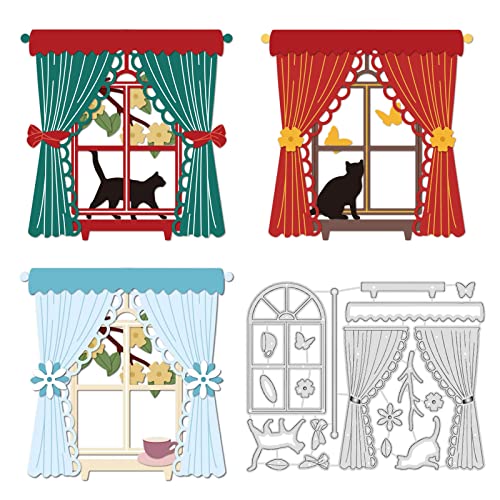 INFUNLY Fenster-Stanzformen Vorhang-Metall-Stanzformen Rahmen-Stanzformen für die Kartenherstellung Katzen-Schmetterlings-Prägeformen für DIY Scrapbooking-Dekoration von INFUNLY