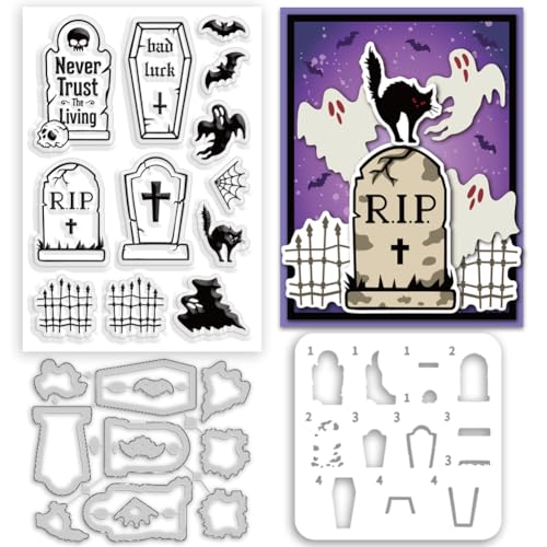 INFUNLY Halloween-Grabsteine, transparente Stempel und Stanzschablonen, Geisterfledermaus, Malvorlage für Kartenherstellung, geschichtetes Kreuz, Katze, Silikon-Stempel, Zaun-Stanzformen INFUNLY Halloween-Grabsteine, transparente Stempel und Stanzschablonen, Geisterfledermaus, Malvorlage für Kartenherstellung, geschichtetes Kreuz, Katze, Silikon-Stempel, Zaun-Stanzformen von INFUNLY