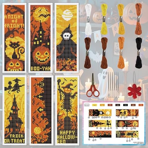 INFUNLY Halloween-Kreuzstich-Lesezeichen-Set, böser Kürbis, handgefertigt, Kreuzstich, Lesezeichen, Skelett, Geist, Stickerei, Lesezeichen, Süßes oder Saures, DIY-Kreuzstich-Set mit Anleitung für INFUNLY Halloween-Kreuzstich-Lesezeichen-Set, böser Kürbis, handgefertigt, Kreuzstich, Lesezeichen, Skelett, Geist, Stickerei, Lesezeichen, Süßes oder Saures, DIY-Kreuzstich-Set mit Anleitung für von INFUNLY