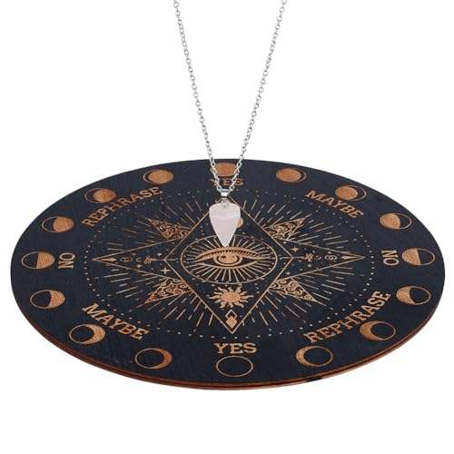 INFUNLY Hexen-Pendelbrett, Augen, Runen, Hölzernes Wünschelruten-Planchette-Brett, 7.9" metaphysisches Nachrichtenbrett Mit Pendel-Kristall-Halskette Für Anfänger, Hexerei-Altarzubehör von INFUNLY