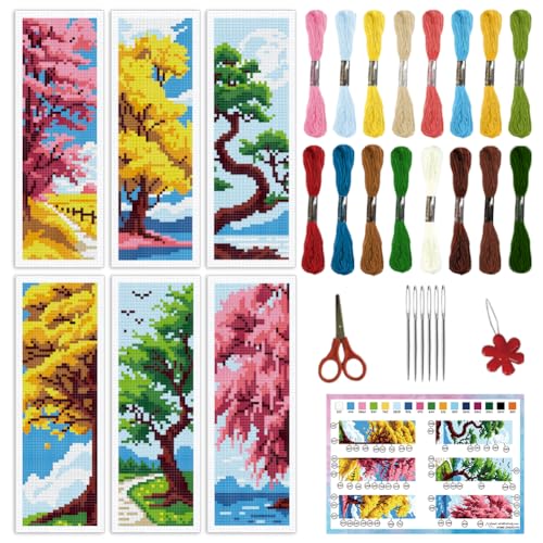 INFUNLY Kreuzstich-Lesezeichen-Set mit Baum, saisonales DIY-Kreuzstich-Lesezeichen für Erwachsene, 20,3 x 6,1 cm, Vintage-Stickerei, Lesezeichen, Landschaft, handgefertigt mit Anleitung für von INFUNLY