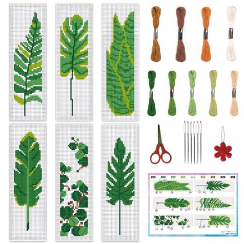INFUNLY Kreuzstich-Lesezeichen-Set zum Selbermachen, Motiv: grüne Blätter, 22 x 8 cm, tropische Pflanze, geprägt, Stickerei-Lesezeichen-Set mit Anleitung (evtl. nicht in deutscher Sprache), Laub von INFUNLY