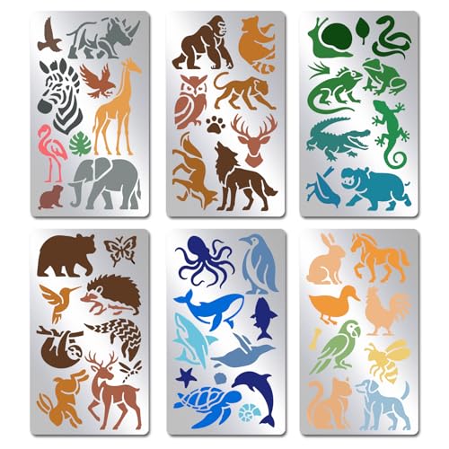 INFUNLY Metallschablonen mit Tiermotiven, Edelstahl, Wald, Metallschablone, 14 x 8 cm, Tiere, Katze, Hund, Tagebuch, Schablone für Holz, Gravur, Malerei, Scrapbooking, Lesezeichen, Basteln, 6 Stück von INFUNLY