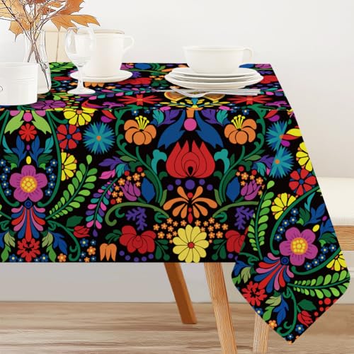INFUNLY Mexiko Tischdecke Rechteckig 60 x 90Inch Halloween Cinco De Mayo Fiesta Party Tag Der Toten Tischdecke Mexiko Bunte Blumentischdecke Abwischbar für Küche Picknick Abendessen Dekoration von INFUNLY