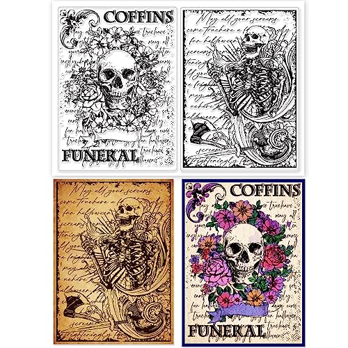 INFUNLY Skelett Hintergrund Clear Stamps for Card Making Skull Background Clear Stamps for Journaling Flower Rubber Stamps Words Transparent Stamps for DIY Scrapbooking Album Decor Paper Crafts von INFUNLY