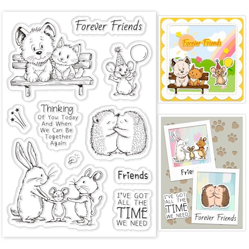INFUNLY Tierfreunde klarer Stempel für Kartenherstellung Igel Silikonstempel für immer Freunde transparente Siegelstempel mit Text 4,33x6,29“ Welpe Gummistempel für DIY Scrapbooking Fotoalbum von INFUNLY