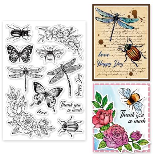 INFUNLY Transparente Insekten-Stempel 6.3x4.3" Schmetterling Libelle Biene Transparenter Silikonstempel Blumenkäfer Gummistempel Für DIY Scrapbooking Geburtstag Fotoalbum Weihnachtskarten Journaling von INFUNLY