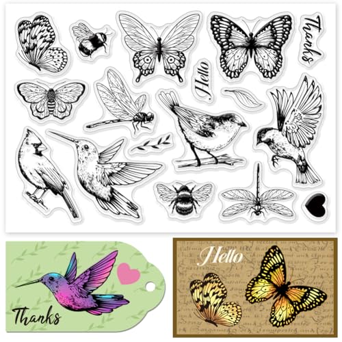 INFUNLY Transparente Stempel im Vintage-Stil, Motiv: Vögel, 10,9 x 16,3 cm, Motiv: Insekten, Libellen, Silikon, Stempel, transparent, Schmetterlings-Gummistempel für Karten, Fotoalbum, Tagebuch INFUNLY Transparente Stempel im Vintage-Stil, Motiv: Vögel, 10,9 x 16,3 cm, Motiv: Insekten, Libellen, Silikon, Stempel, transparent, Schmetterlings-Gummistempel für Karten, Fotoalbum, Tagebuch von INFUNLY