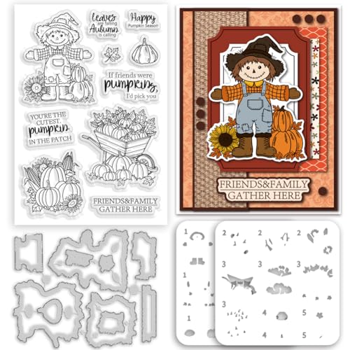 INFUNLY Transparente Stempel und Stanzschablonen-Set mit Herbst-Vogelscheuche, Kürbis-Malvorlage für Kartenherstellung, mehrlagiges Ahornblatt, Silikonstempel, Erntedankfest, Zeichnen, Malschablone von INFUNLY