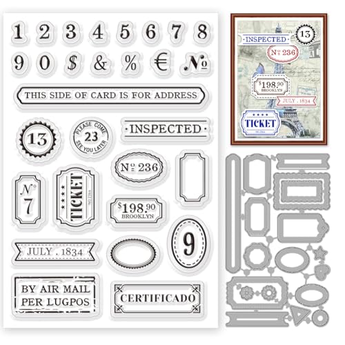 INFUNLY Vintage Etiketten Transparente Silikonstempel Und Stanzformen Sets Aus Metall Zur Kartengestaltung Retro Ränder Gummistempel Zahlen Stanzungen Prägeschablonen Für DIY Scrapbooking Alben Dekor von INFUNLY