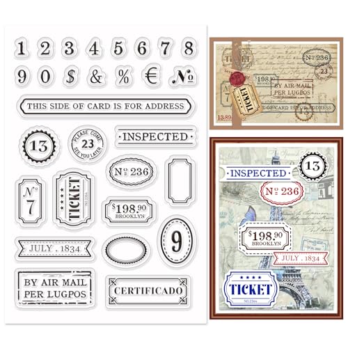 INFUNLY Vintage Etiketten Transparente Stempel Zum Gestalten von Karten Retro Ränder Gummistempel Buchstaben Zahlen Transparente Silikonstempel Rahmenanhänger Stempel Für DIY Scrapbooking Fotoalbum von INFUNLY