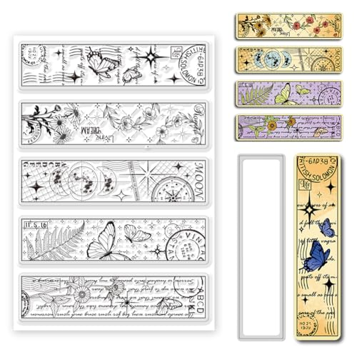 INFUNLY Vintage Schmetterling Lesezeichen klare Stempel und Stanzformen für Kartenherstellung, Mond Stern Stempel und gestanzte Blume Text Silikon Stempel Rechteckige Prägeschablone für DIY von INFUNLY