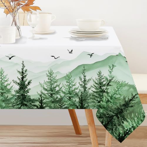 INFUNLY Waldgrüne Tischdecke Rechteckig 60 x 90Inch Waschbar Tischdecke Mit Bergkiefernbaum Aquarell Waldtischdecke wasserdichte Rechteckige Tischdecke Aus Polyester für Küche Party Picknick von INFUNLY