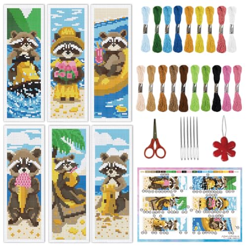 INFUNLY Waschbär-Kreuzstich-Lesezeichen-Set für Erwachsene, Anfänger, Ozean, Strand, geprägtes Stickerei-Lesezeichen-Set mit Anleitung (evtl. nicht in deutscher Sprache), bedruckte Braunbären von INFUNLY