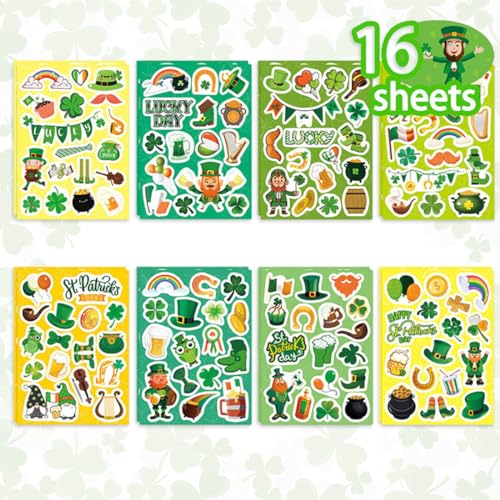 INGJIA 16 Pcs Glückliche "St. Patrick's Day"-Aufkleber, wasserfest, Irland-Motive, grüne Designs, Kinderaufkleber zum Basteln, für Wasserflaschen, Geschenke, für Umschlag Geschenktüten Papiertüten von INGJIA