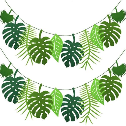 INGJIA 2 Stück Grün Tropische Palmenblätter Bunting - 4,6 m Tropische Blatt-Banner-Girlande, Wiederverwendbare Felt Leaf Bunting für Geburtstagsfeier, Hawaii-Party, Dschungel Mottoparty (grün) von INGJIA