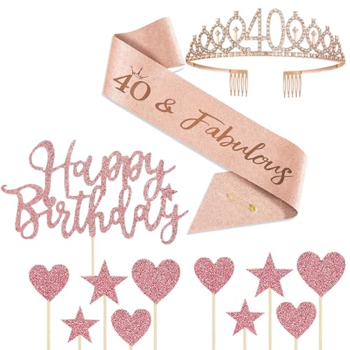 INGJIA Dekoration zum 40, Geburtstag für Mädchen, einschließlich Schärpe, Krone/Tiara, Kerzen, Kuchenaufsätze, Party-Dekorationen, 40 Geburtstagsdekorationen für Mädchen INGJIA Dekoration zum 40, Geburtstag für Mädchen, einschließlich Schärpe, Krone/Tiara, Kerzen, Kuchenaufsätze, Party-Dekorationen, 40 Geburtstagsdekorationen für Mädchen von INGJIA