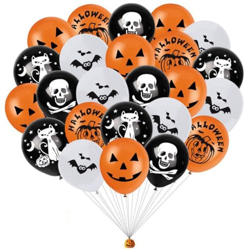 INGJIA Halloween Deko Set, 50Pcs Halloween Luftballons Dekoration Ballons, Orangen Schwarze Weiss Ballons fur Halloweenparty Kinder(Zufällige Muster und Farben) von INGJIA