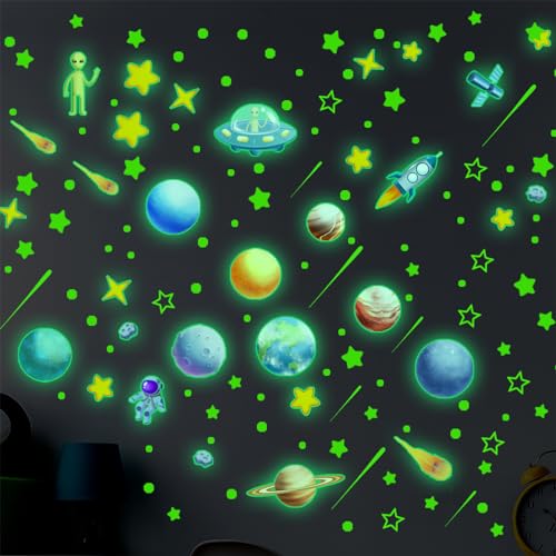 INGJIA Wandsticker Leuchtaufkleber Sticker Astronaut Planet Leuchtsterne Leuchtsticker Wandtattoo Leuchtend Sterne Fluoreszierend Wandaufkleber Aufkleber Für Kinderzimmer Dekorative Aufkleber Blau von INGJIA