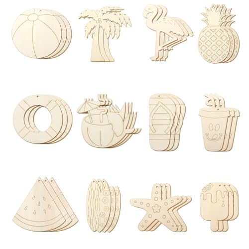 INIFLM 36 Stück Sommer-Baumschmuck, Strand-Holzscheiben, Sommer-Hawaii-Holz-Hängeornamente, Holzanhänger, Sommer-Baumschmuck für Partyzubehör von INIFLM