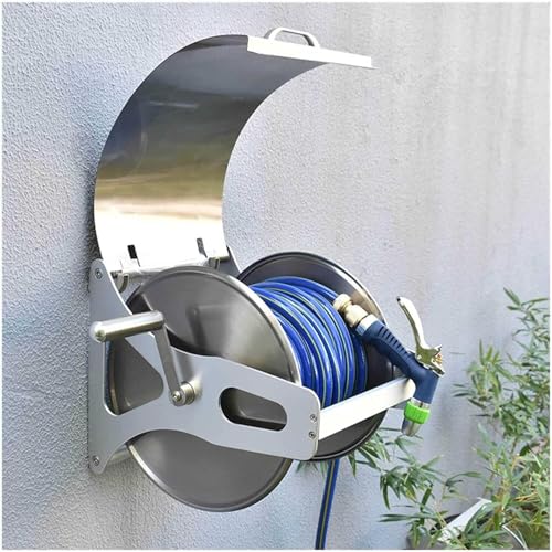 ININOSNP Teleskop-Schlauchwagen Gartenschlauchtrommel aus Edelstahl, Robustes Metall-Wandhalterungs-Lagerregal for Wasserschläuche(Rack+25m Hose) von ININOSNP