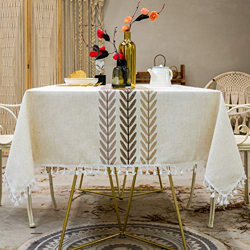 INKARO Fleckenabweisende Tischdecke rechteckig aus Baumwollleinen Wasserdicht mit Fransen dreidimensionale Stickerei für Tischdekoration Esszimmer Küche (Kaffeeblätter, 140 x 220 cm) von INKAROBOX