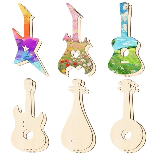INKNOTE 12 Stück unlackierte Holz-Musikinstrumente Ausschnitte mit Hanfseil, große Größe, DIY-Holz-Gitarrenausschnitt-Set für Musik-Themen, Holzdekorationen, Malerei, Bastelprojekte, Party, Konzert von INKNOTE