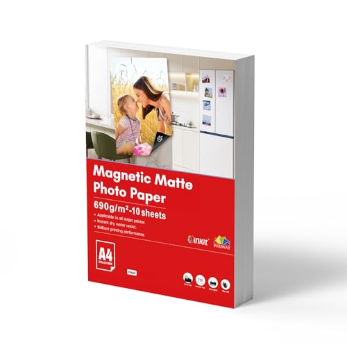 INKUWAY Magnetisches Fotopapier, A4, matt, 10 Blatt, mattes Finish, dicker Magnet, bedruckbar, für Tintenstrahldrucker, Zuhause und Büro von INKUWAY