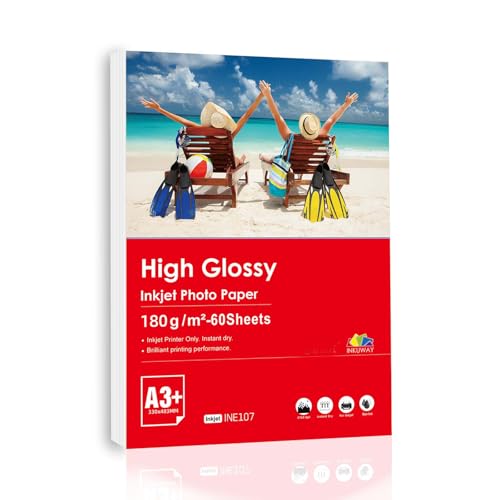 Inkuway 60 Blatt A3 Plus A3+ 180 g/m² – Hochglänzendes Inkjet-Fotopapier 13 x 19 Zoll für DIY-Tintenstrahldrucker zum Drucken von Fotos. von INKUWAY