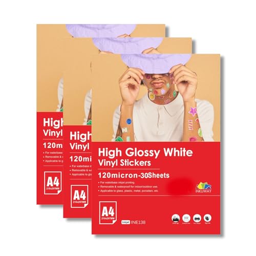 Inkuway A4, 30 Blatt, weiß, glänzend, Vinyl-Inkjet-bedruckbare Folie, wasserfest, selbstklebend, für Aufkleber Und Etiketten Inkuway A4, 30 Blatt, weiß, glänzend, Vinyl-Inkjet-bedruckbare Folie, wasserfest, selbstklebend, für Aufkleber Und Etiketten von INKUWAY