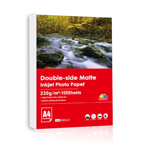 Inkuway A4, doppelseitig, mattes Inkjet-Fotopapier, 230 g/m², 100 Blatt, für Broschüren, Fotobuchkarten, zum Bedrucken mit Tintenstrahldruckern Inkuway A4, doppelseitig, mattes Inkjet-Fotopapier, 230 g/m², 100 Blatt, für Broschüren, Fotobuchkarten, zum Bedrucken mit Tintenstrahldruckern von INKUWAY