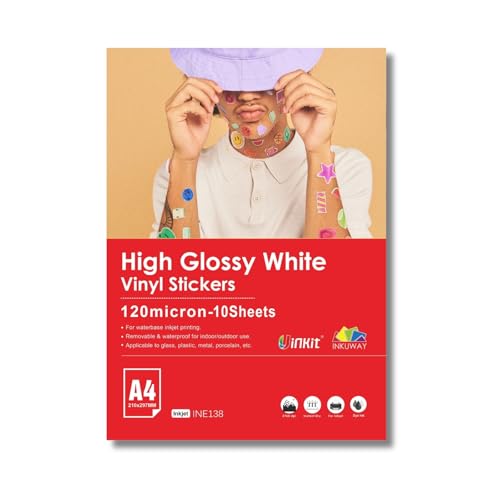 Inkuway A4, weiß, glänzend, Vinyl-Inkjet-bedruckbare Folie, wasserfest, selbstklebend, für Aufkleber Und Etiketten (10 Blatt) von INKUWAY