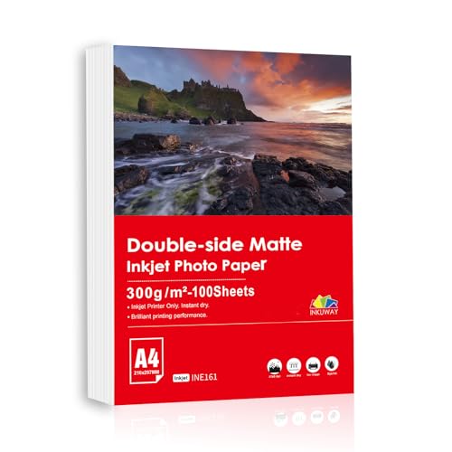 Inkuway A4 300 g/m² doppelseitig Fotopapier mattes, dickes 100 Blatt, Tintenstrahlpapier für Menüs, Kalender, Tintenstrahldruck Inkuway A4 300 g/m² doppelseitig Fotopapier mattes, dickes 100 Blatt, Tintenstrahlpapier für Menüs, Kalender, Tintenstrahldruck von INKUWAY