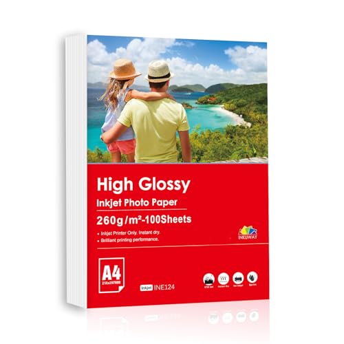 Inkuway dickes, glänzendes Fotopapier, 260 g/m², A4, 100 Blatt, Inkjet-Papier für Kartendruck, Fotodruck, DIY-Druck Inkuway dickes, glänzendes Fotopapier, 260 g/m², A4, 100 Blatt, Inkjet-Papier für Kartendruck, Fotodruck, DIY-Druck von INKUWAY