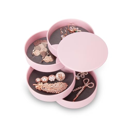 Inmorven Schmuckkästchen Damen Schmuckaufbewahrung Schmuckschatulle Damen Schmucktabletts 4 Ebenen Drehbar Schmuckdose für Ringe Ohrringe Halskette Geburtstag Geschenk Mädchen Frauen (Rosa, 10cm-Rund) von INMORVEN