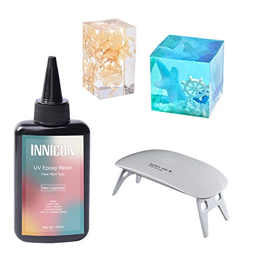 UV Resin Epoxy Glue Gel Set, 100ml Quick Curing Transparent Hard Type Natural, DIY Decoration Making Jewelry DIY For Silicone Molds Pendants Earrings Necklace Bracelets, with Mini Lamp von INNICON