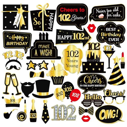 INNORU Fotoautomaten-Requisiten zum 102. Geburtstag, lustige Geburtstagsparty, Fotografie-Requisiten, Gastgeschenk, 102 Jahre alt, Tafelaufsatz, Dekoration, Schwarz und Gold, 35 Stück von INNORU
