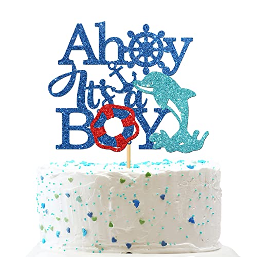 INNORU Tortenaufsatz "Ahoy it's a Boy" – Schiffsanker, nautisches Thema, Kuchendekoration, Junge 1. Geburtstag, Geschlecht offenbart, Oh Boy Party-Kuchendekorationen, marineblauer Glitzer von INNORU